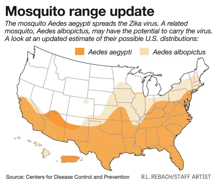 Map of the estimated U.S. range of the Aedes aegypti and Aedes albopictus mosquitoes, covering Tennessee