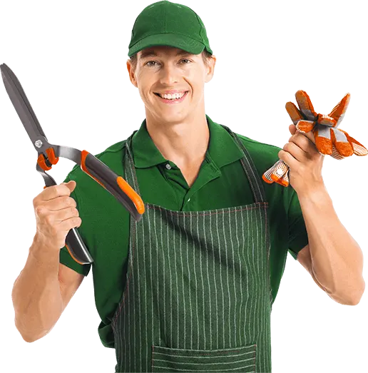 A lawn care technician in a green cap