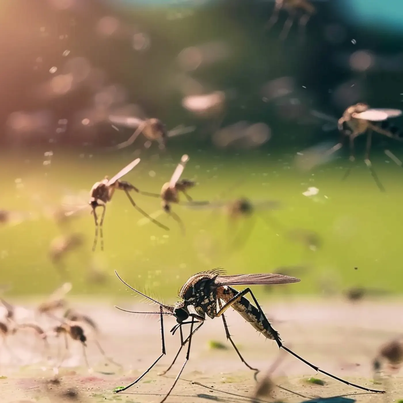 Mosquitoes hovering over standing water