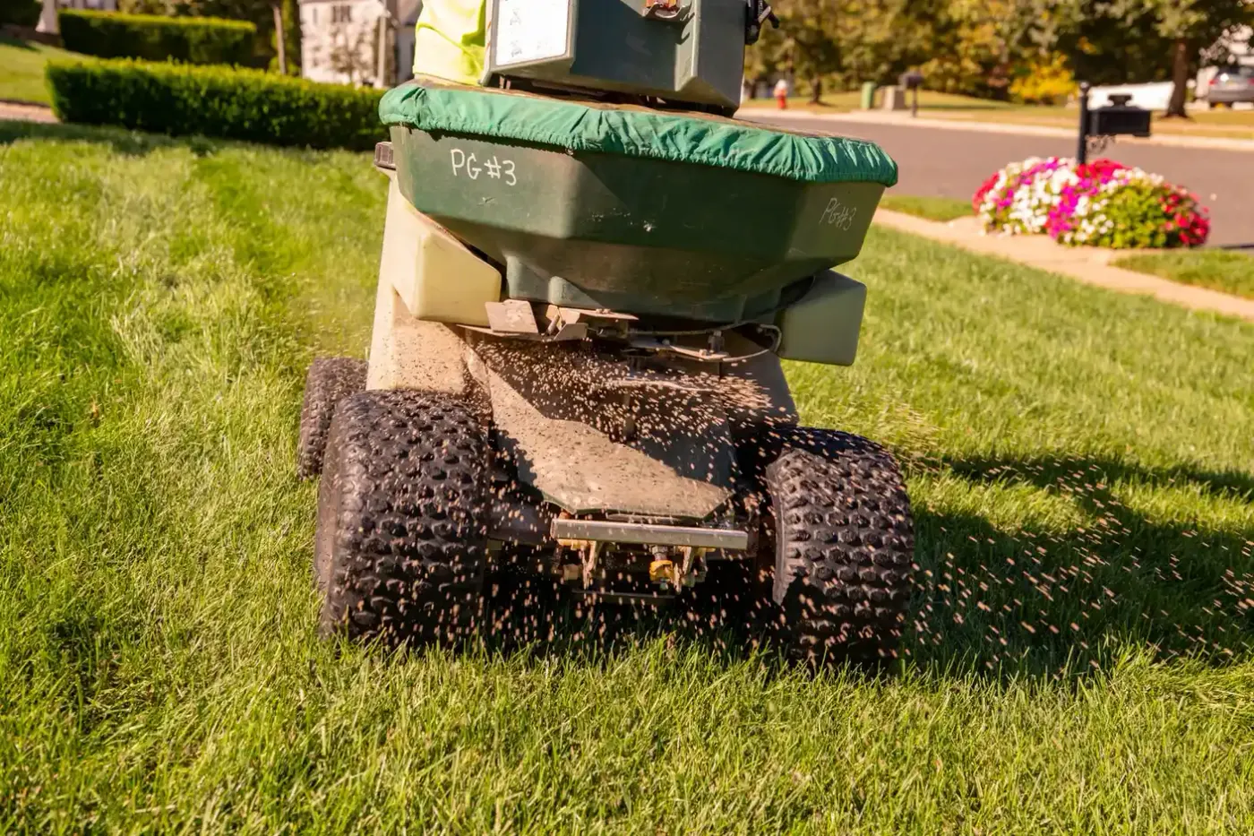 A seeding machine working across a lawn