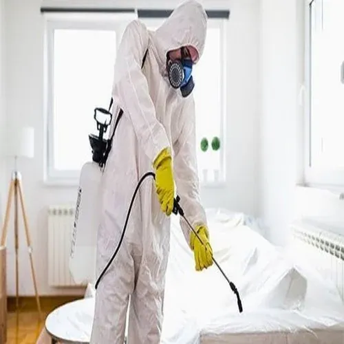 A technician in a protective suit applying a treatment